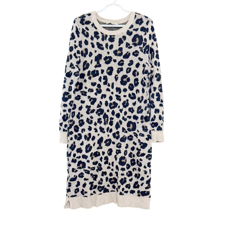 LOFT Womens Leopard Print Sweater Dress Long Sleeve Neutral Tones Size Large